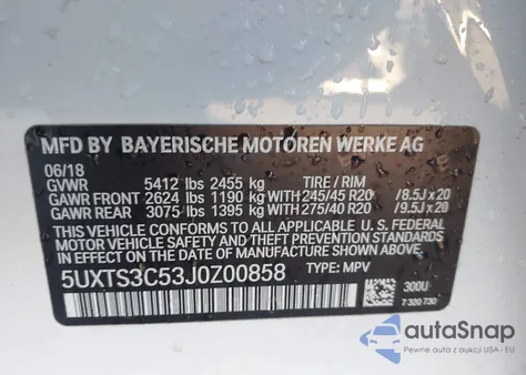 2018 BMW X3 M40I из США, поврежденный, VIN 5UXTS3C53J0Z00858